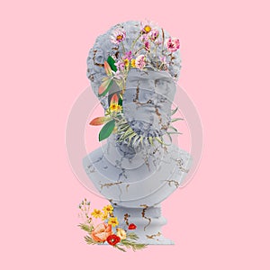 Lucius Verus statues 3d render, collage with flower petals compositions for your work