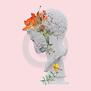 Lucius Verus statues 3d render, collage with flower petals compositions for your work