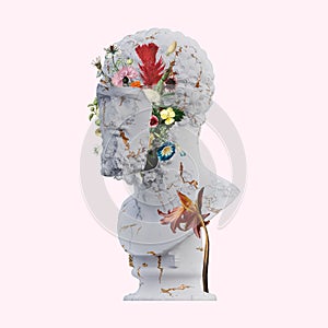 Lucius Verus statues 3d render, collage with flower petals compositions for your work