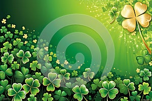 Luck Unleashed: Four-Leaf Clover Center Focus Against a Festive St. Patrick\'s Day Themed Background Illustration