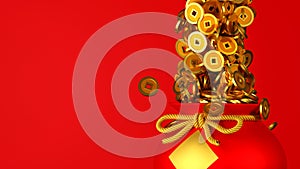 Lucky bag or treasure bag with falling gold coin red background for Chinese festival Chinese New Year, 3d render