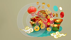 Lucky bag or treasure bag with gold and coin background greeting card for Chinese festival Chinese New Year, 3d render