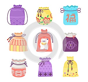 Lucky bags. Art chinese bag, korean happy traditional pocket. Asian tradition present purse, chuseok elements. Oriental