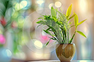 Lucky bamboo (Dracaena sanderiana) in Flowerpot Closeup, Lucky bamboo Macro House Plant