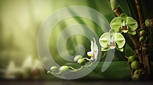 Lucky Bamboo and two orchid flowers on natural. generative ai