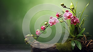 Lucky Bamboo and two orchid flowers on natural. generative ai