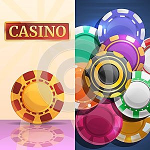 Lucky casino chips banner set, cartoon style