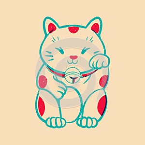 Lucky cat. Colorful cute screen printing effect. Riso print effect. Vector
