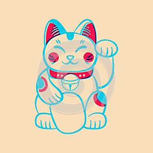 Lucky cat. Colorful cute screen printing effect. Riso print effect. Vector