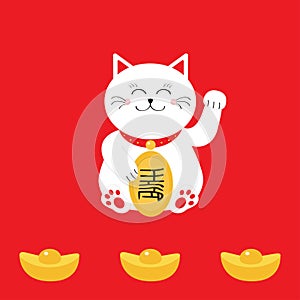 Lucky cat holding golden coin. Japanese Maneki Neco cat waving hand paw icon.