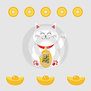 Lucky cat holding golden coin. Japanese Maneki Neco cat waving hand paw icon. Chinese gold Ingot money.