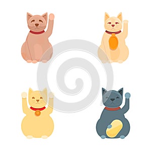 Lucky cat icons set cartoon vector. Japanese cat maneki neko with raised paw