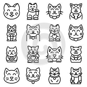 Lucky cat icons set, outline style