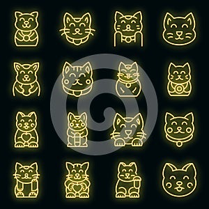 Lucky cat icons set vector neon