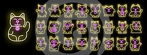 Lucky cat icons set vector neon