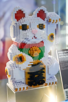 A lucky cat made of children\'s building blocks