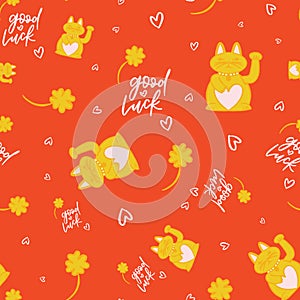 Lucky cat pattern with clovers and hearts in yellow over red lettering background print design