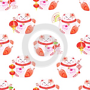 Lucky cats holding chinese koi fishes watercolor seamless vector