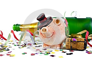 Lucky charm talisman with confetti, cork, champagne bottle. Happy New Year. New years eve