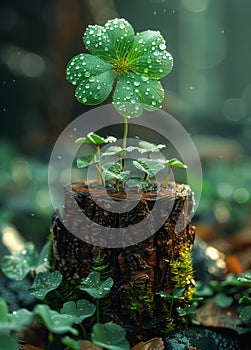Lucky clover growing on stump in the forest with water drops and soft focus