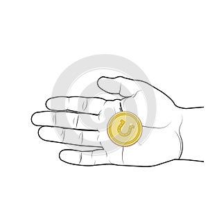 Lucky coin with a horseshoe in the hand of a man