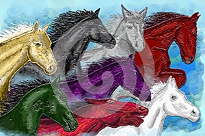 Lucky Eight Horses textured art, Feng shui.