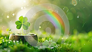 Lucky Four Leaf Clover In Gold Pot with Rainbow