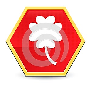 Lucky four leaf clover icon abstract red hexagon button bright yellow frame elegant design