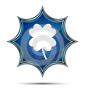 Lucky four leaf clover icon magical glassy sunburst blue button