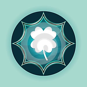 Lucky four leaf clover icon magical glassy sunburst blue button sky blue background