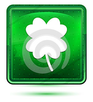 Lucky four leaf clover icon neon light green square button