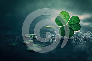 Lucky four-leaf clover standing out among three-leaf shamrocks