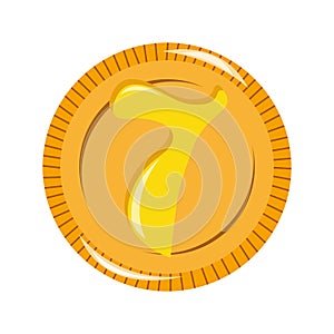 Lucky gold coin with number seven. Good luck symbol. Isolated item on white background.