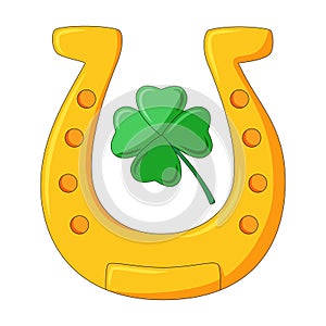 Lucky golden horseshoe with a four-leaf clover