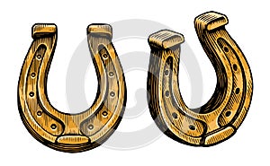 Lucky golden Horseshoe on white background. Vintage vector engraving illustration