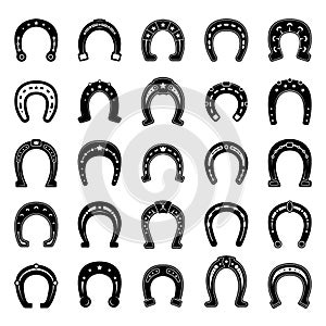 Lucky horse shoes. Blacksmith graphic symbols hoof objects vector collection