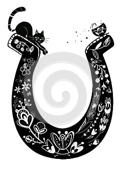 Lucky horseshoe with cat isolated illustration