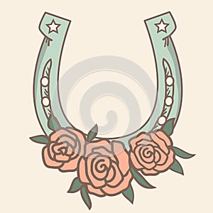 Lucky Horseshoe with floral decorations. Vector vintage illustration clipart isolated for design photo