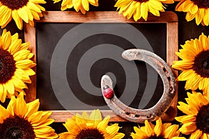 Lucky horseshoe in a frame of yellow sunflowers