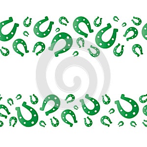 Lucky horseshoe. Good luck symbol. Green. Endless horizontal border. Isolated colorless background. Seamless vector pattern.