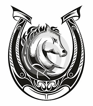 Lucky horseshoe with head of horse. Tattoo style. Vector illuctration