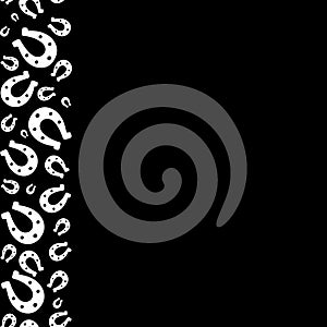 Lucky horseshoe. The horse`s shoes are white. Seamless vector pattern. A repeating vertical border. Isolated black background.