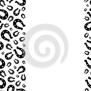 Lucky horseshoe. Silhouette. Seamless vertical border. Repeating vector pattern. Isolated colorless background. Good luck symbol.
