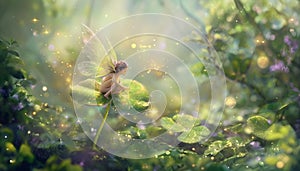 Fairy on a Shimmering Four-Leaf Clover in a Magical Forest photo