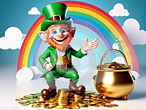 A lucky Irish Leprechaun counting his stash of gold coins