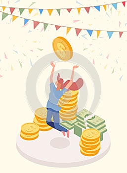 Lucky jackpot winner vector character. Joyful girl, cash prize owner, honorarium payee isometric illustration. Lottery photo