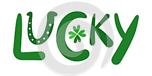 Lucky lettering with clover and horseshoe u vector illustration
