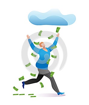 Lucky man character running under cloud money rain, fortunate male winner lottery cartoon vector illustration, isolated