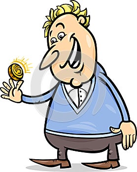 Lucky man with golden coin cartoon