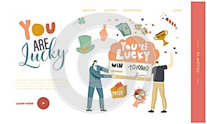 Lucky Man Rejoice for Get Paycheck Lottery Win, Luck Payment Cheque Landing Page Template. Voucher for Getting Money